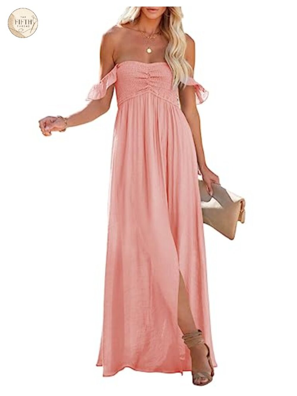 Women's Summer Smocked Off Shoulder Ruffle Maxi Dress A Line Side Slit Sundress